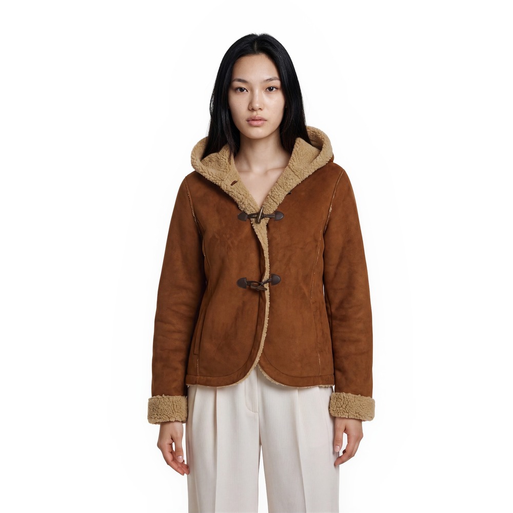 Chelsea & Theodore Hooded Sherpa Coat Women's Large Brown Faux Suede Jacket